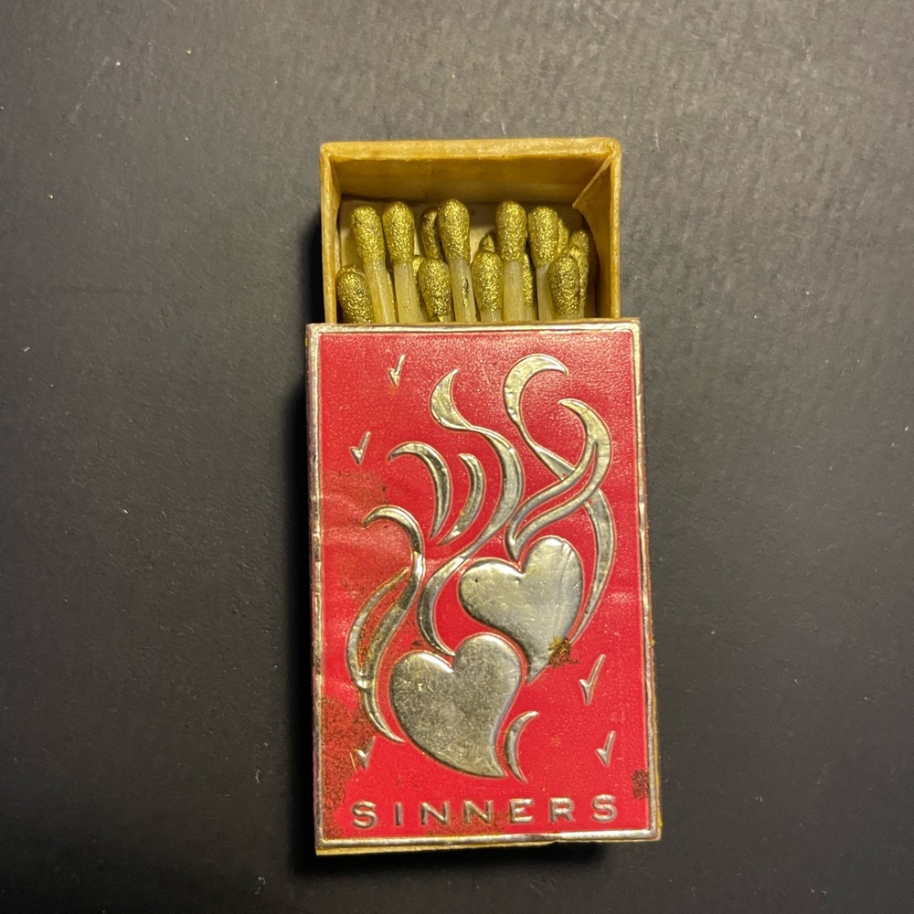 Vintage Saints & Sinners Wooden Wax Matchbox Rosenfeld Made In Italy “SINNERS”